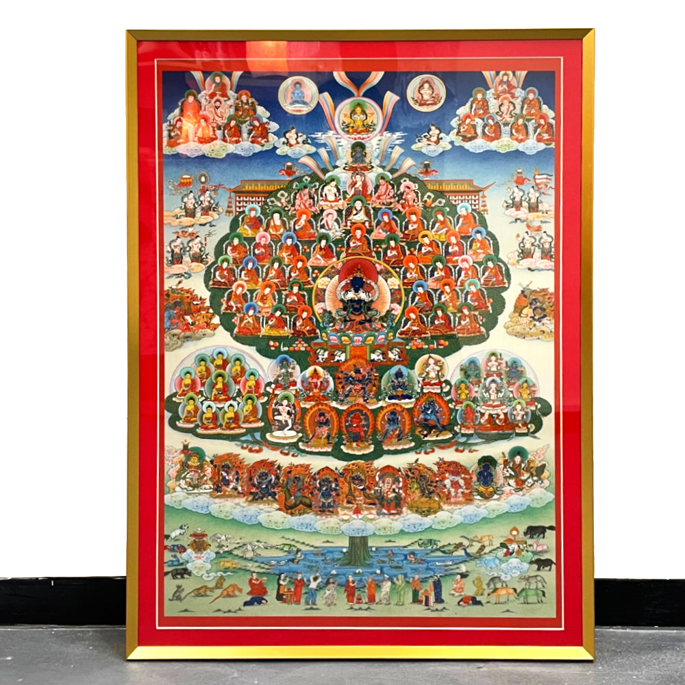 Refuge Tree of Karma Kagyu Thangka High Quality Print A1 Golden Frame together with explanation card