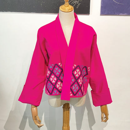 不丹手工刺繡傳統如意結花紋桃粉色純綿短外套 - 均碼